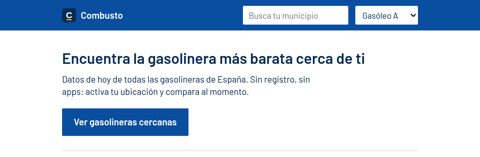Combusto home page with the "Ver gasolineras cercanas" button
