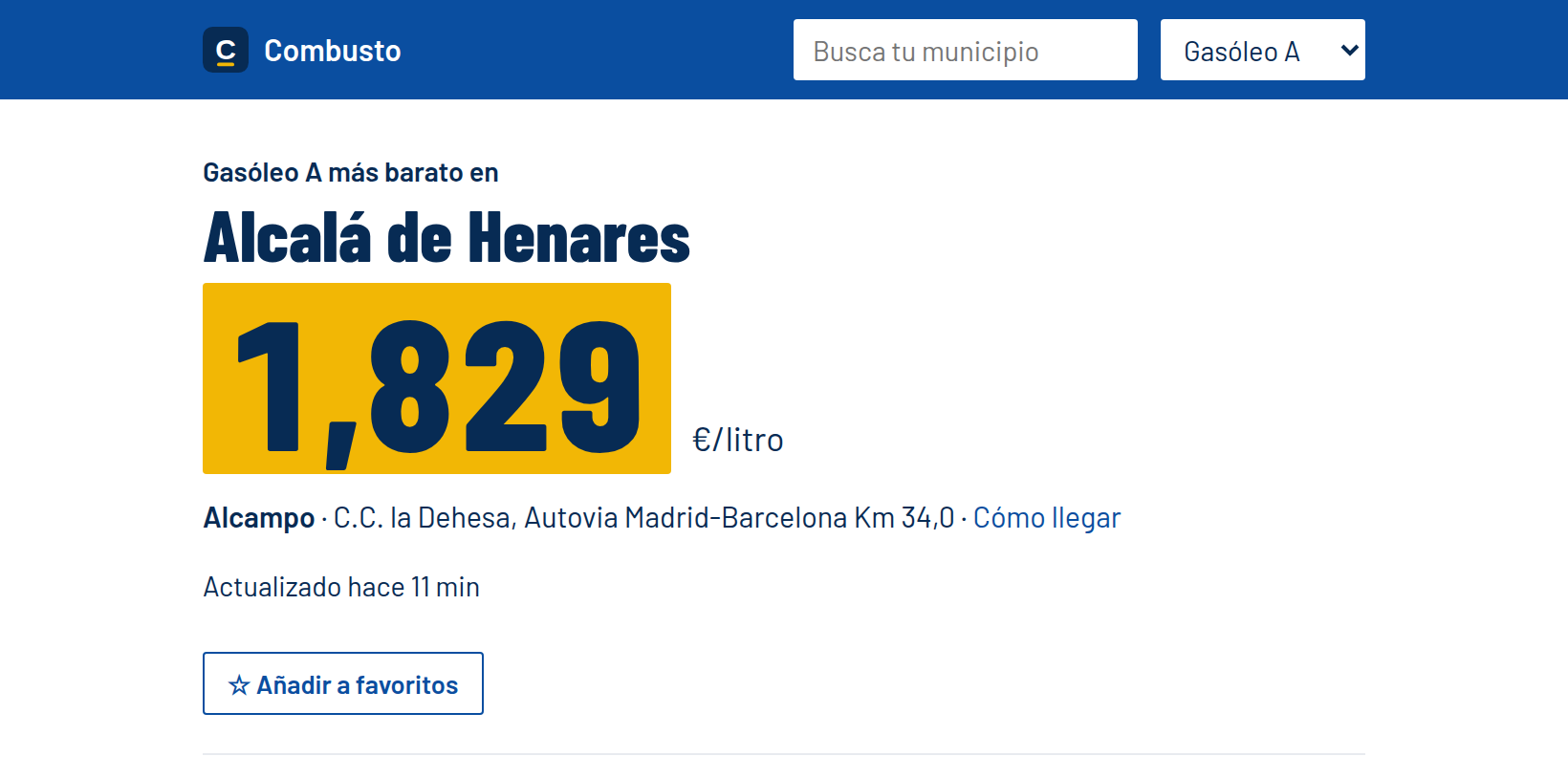 Town page showing "Actualizado hace 11 min" under the cheapest price